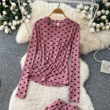 Women’s Fall Chic Polka Dot Two-Piece Set High Waist Slim Fit Mesh Long Sleeve Top and Mini Skirt