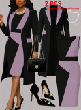 Women’s Spring Fall Color Block Blazer and Dress Casual Two-Piece Set