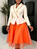 Women’s Fall Fashion Color Block A-Line Mesh Patchwork High Waist Long Sleeve Turndown Collar Dress