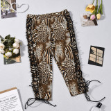 Women’s Color Block Drawstring Leopard Print High Stretch Casual Knee-Length Shorts