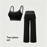 Women’s Color Block Faux Two-Piece Yoga Set Sports Bra with Padded Top and High Waist Fitness Pants