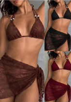 Women’s Holiday Lace Two-Piece Halter Neck Sexy Beach Bikini Three-Piece Swimsuit Women’s Holiday Lace Two-Piece Halter Neck Sexy Beach Bikini Three-Piece Swimsuit