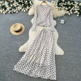 Women’s Fall Chic Polka Dot Two-Piece Set High Waist Slim Fit Mesh Long Sleeve Top and Mini Skirt