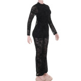 Women’s Floral Flocked Mesh Mock Neck Long Sleeve See-Through Flare Leg Jumpsuit