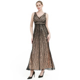 Women’s Long Sleeveless Deep V-Neck Mesh Sequin Chic High Waist Slim Fit Bridesmaid Formal Party Maxi Dress
