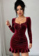 Women’s Fall Winter Chic Velvet Square Neck Long Sleeve Slim Waist Slim Fit Ruffle Bodycon Mini Dress