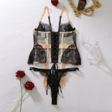 Women’s Sexy Lace See-Through Hollow-Out Lace-Up Corset Waist Two-Piece Lingerie Set