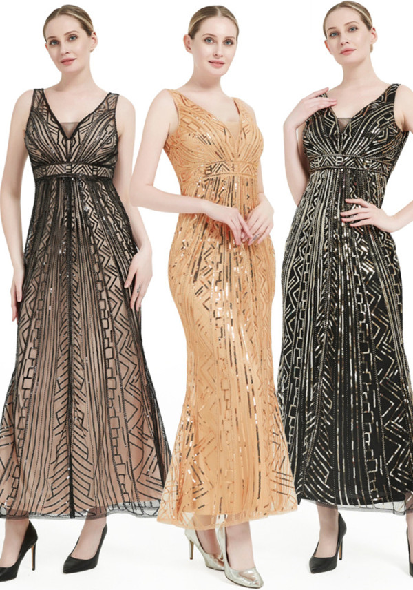 Women’s Long Sleeveless Deep V-Neck Mesh Sequin Chic High Waist Slim Fit Bridesmaid Formal Party Maxi Dress