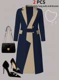 Women’s Spring Fall Color Block Blazer and Dress Casual Two-Piece Set