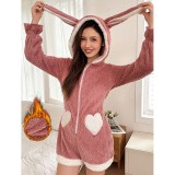 Women’s Fall Winter Rabbit Ear Hooded Coral Fleece Jumpsuit Plush Comfortable Loungewear