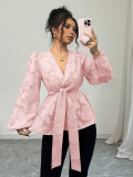 Women’s Spring Fall Fashion Sexy Semi-See-Through Long Sleeve V-Neck Shirt