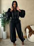 Women’s Casual Woven Trim Lantern Sleeve Jacket Elastic Waist Jogger Pants Two-Piece Set