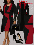 Women’s Spring Fall Color Block Blazer and Dress Casual Two-Piece Set