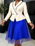 Women’s Fall Fashion Color Block A-Line Mesh Patchwork High Waist Long Sleeve Turndown Collar Dress
