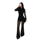 Women’s Floral Flocked Mesh Mock Neck Long Sleeve See-Through Flare Leg Jumpsuit