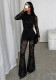 Women’s Floral Flocked Mesh Mock Neck Long Sleeve See-Through Flare Leg Jumpsuit