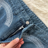 Women’s Fall High Waist Loose Wide Leg Embroidered Straight-Leg Denim Jeans