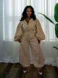 Women’s Casual Woven Trim Lantern Sleeve Jacket Elastic Waist Jogger Pants Two-Piece Set
