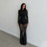 Women’s Floral Flocked Mesh Mock Neck Long Sleeve See-Through Flare Leg Jumpsuit