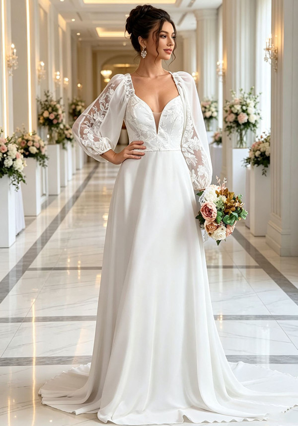 Women’s Long Sleeve V-Neck Lace Wedding Dress