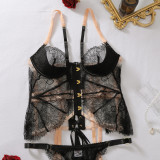 Women’s Sexy Lace See-Through Hollow-Out Lace-Up Corset Waist Two-Piece Lingerie Set