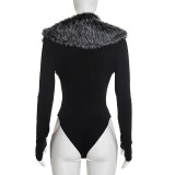 Women’s Fall Solid Color Sexy Deep V-Neck Faux Fur Collar Long Sleeve Slim Fit Bodysuit