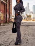 Women’s Fall Winter Printed Long Sleeve Slim Fit Stretch Casual Two-Piece Pants Set