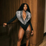 Women’s Fall Solid Color Sexy Deep V-Neck Faux Fur Collar Long Sleeve Slim Fit Bodysuit