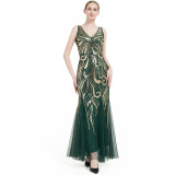 Women’s Sexy Sequin Deep V-Neck Slim Fit Long Mesh Party Bridesmaid Evening Dress