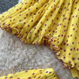 Women’s Fall Holiday Yellow Polka Dot Strap High Waist Slim Fit Two-Piece Top and Mini Skirt Set