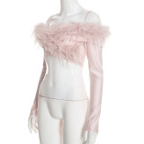 Women’s Fall Solid Color Furry Knot Sexy Off Shoulder Open Waist Slim Fit Long Sleeve Top