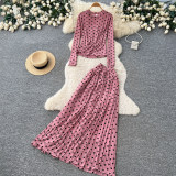 Women’s Fall Chic Polka Dot Two-Piece Set High Waist Slim Fit Mesh Long Sleeve Top and Mini Skirt