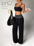 Women’s Color Block Faux Two-Piece Yoga Set Sports Bra with Padded Top and High Waist Fitness Pants