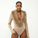 Women’s Fall Solid Color Sexy Deep V-Neck Faux Fur Collar Long Sleeve Slim Fit Bodysuit