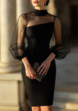Women’s Mock Neck See-Through Mesh Sleeve Slim Fit Bodycon Formal Party Midi Dress