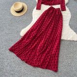 Women’s Fall Chic Polka Dot Two-Piece Set High Waist Slim Fit Mesh Long Sleeve Top and Mini Skirt