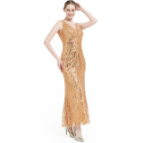 Women’s Long Sleeveless Deep V-Neck Mesh Sequin Chic High Waist Slim Fit Bridesmaid Formal Party Maxi Dress