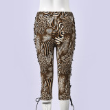 Women’s Color Block Drawstring Leopard Print High Stretch Casual Knee-Length Shorts