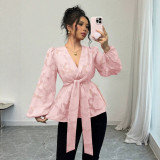 Women’s Spring Fall Fashion Sexy Semi-See-Through Long Sleeve V-Neck Shirt