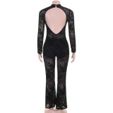 Women’s Floral Flocked Mesh Mock Neck Long Sleeve See-Through Flare Leg Jumpsuit
