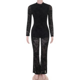 Women’s Floral Flocked Mesh Mock Neck Long Sleeve See-Through Flare Leg Jumpsuit