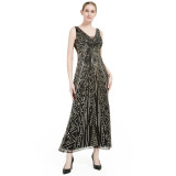 Women’s Long Sleeveless Deep V-Neck Mesh Sequin Chic High Waist Slim Fit Bridesmaid Formal Party Maxi Dress
