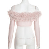 Women’s Fall Solid Color Furry Knot Sexy Off Shoulder Open Waist Slim Fit Long Sleeve Top