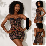Women’s Sexy Leopard Print Velvet Strap Low Back Slim Fit Bodycon Mini Dress