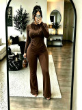 Women’s Hooded  Pocket Top Tight Fit Flare Leg Pants Stretch Two-Piece Set