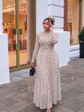 Women’s Fall Chic Polka Dot Two-Piece Set High Waist Slim Fit Mesh Long Sleeve Top and Mini Skirt