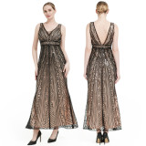 Women’s Long Sleeveless Deep V-Neck Mesh Sequin Chic High Waist Slim Fit Bridesmaid Formal Party Maxi Dress