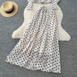 Women’s Fall Chic Polka Dot Two-Piece Set High Waist Slim Fit Mesh Long Sleeve Top and Mini Skirt