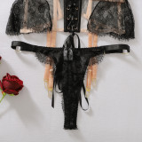 Women’s Sexy Lace See-Through Hollow-Out Lace-Up Corset Waist Two-Piece Lingerie Set