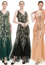 Women’s Sexy Sequin Deep V-Neck Slim Fit Long Mesh Party Bridesmaid Evening Dress Women’s Sexy Sequin Deep V-Neck Slim Fit Long Mesh Party Bridesmaid Evening Dress